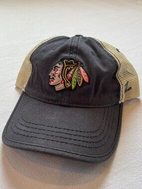 Black Trucker Hat with Multicolor Feather Logo Chicago Blackhawks